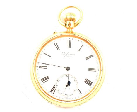 J W Benson London - an 18 carat yellow gold open-face pocket watch, the white enamel dial covered by a glass having a Roman n