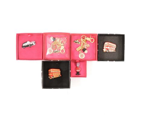 Butler &amp; Wilson - six novelty enamel and crystal items, London theme, London Bus brooch "50 Golden Years" boxed 2019; Lon