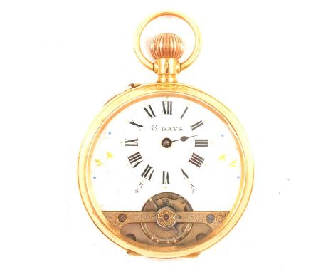 An 18 carat yellow gold open face pocket watch, the three quarter white enamel and floral design dial with Roman numeral chap