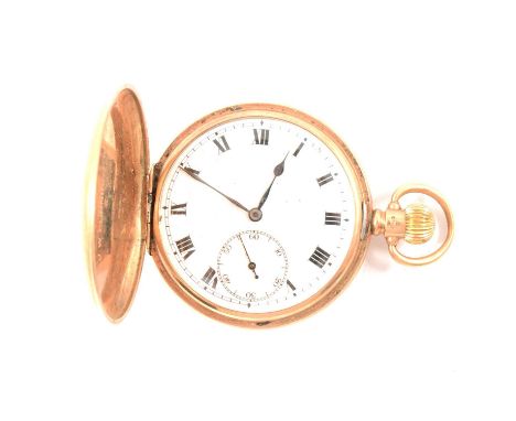 A 9 carat yellow gold full hunter pocket watch, the white enamel dial having a Roman numeral chapter ring and subsidiary seco