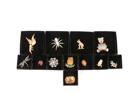 Butler &amp; Wilson - twelve novelty crystal brooches, clear crystal Spider, 60mm; Spider and Web, 45mm; Teddy Bear with Birt