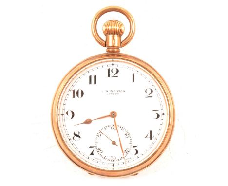 J W Benson London -a 9 carat yellow gold open face pocket watch, the white enamel dial having an Arabic numeral chapter ring 