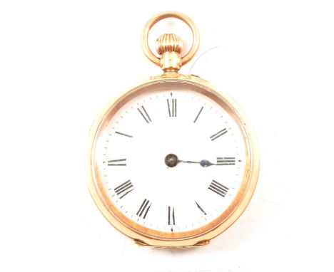 A yellow metal open face fob watch, 27mm white enamel dial with Roman numeral chapter ring and single hour hand in a yellow m