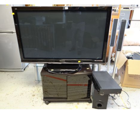A Panasonic Viera 46-inch flatscreen television on stand together with a DVD player and speaker
