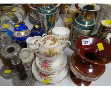 A quantity of mixed pottery and china including tea ware and a pair of barley-twist candlestick holders