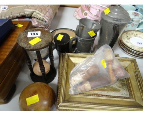 A parcel of mixed items including pewter ware, toddy glass and a case, egg timer etc and two naive paintings of poultry