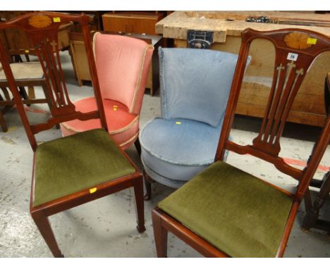 A pair of hall chairs with marquetry and comb backs and drop in seats together with a pair of tub bedroom chairs