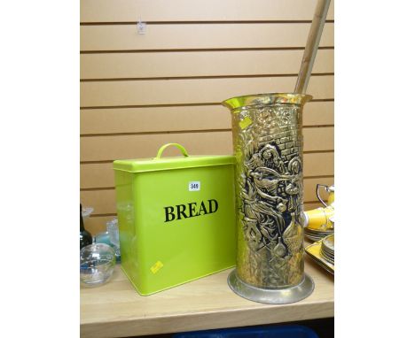 Two walking sticks, one with silver content, a brass umbrella stand and a modern enamel-type bread bin set