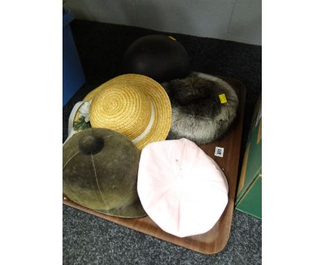 Five various head dress including riding helmet and bonnet