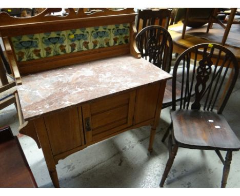 An antique marble top and tile back wash stand together with two farmhouse chairs