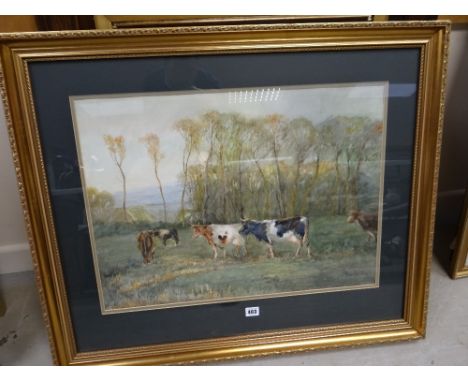 (Reginald) Harry Austin (famous Royal Worcester porcelain painter) watercolour of cows in a field, signed and entitled verso 
