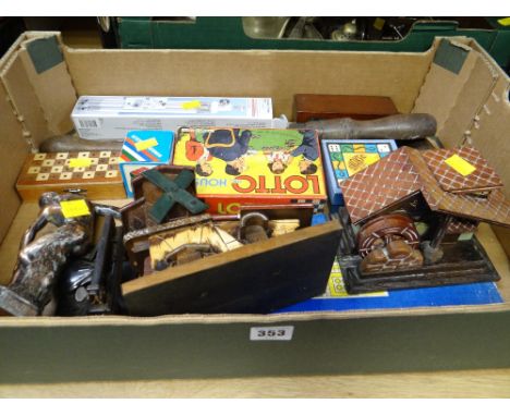 A box of collectables including old games, set of weights, tools etc