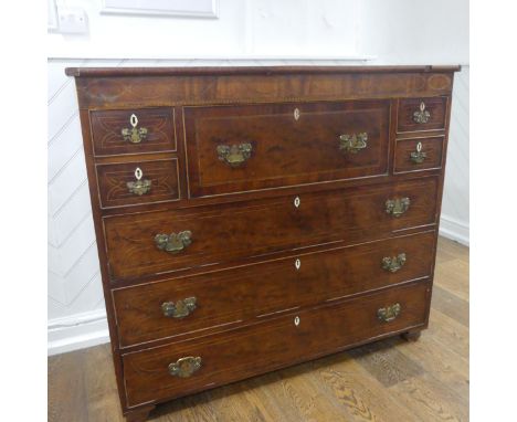 A Georgian inlaid mahogany Secretaire chest, missing trim in places and has large split on right-side panel from top to botto