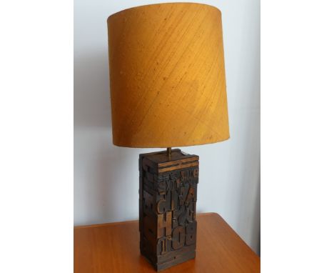 A Retro 1960s 'Brian Bradley' letterpress Lamp Base and shade,&nbsp;made from wooden letterpress blocks with brass lampholder