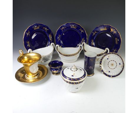 A Worcester Flight, Barr and Barr Sucrier, decorated with cobalt blue banding and gilding, on Saucer, together with three fur