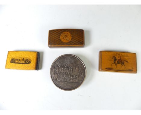 A 19th century French metal and lacquered snuff box of circular form depicting guards at Versailles, D 7.5 cm, together with 