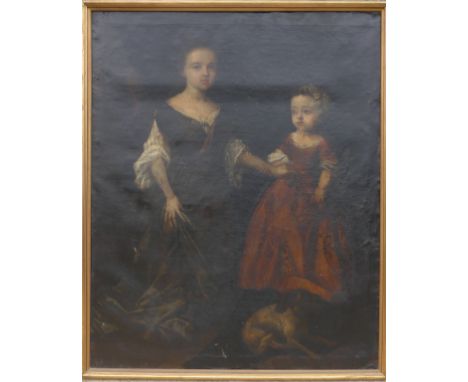 Late 18thC/early 19thC English School, Portrait of two young Sisters, full length, the younger sister with a dog at her feet,