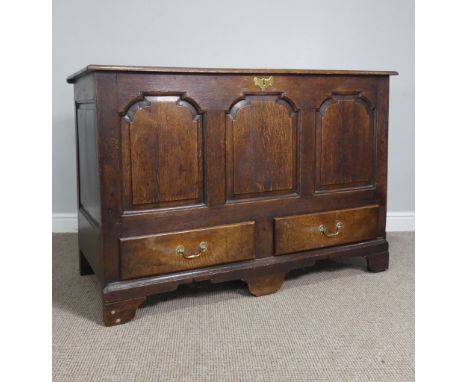 A George III oak mule Chest, the rectangular hinged top over main panelled compartment, the base fitted with two drawers with
