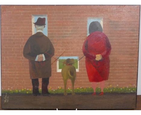 Kenneth "Ken" Evans (British, 1924-1987), "Man, Woman and Dog in front of brick wall", gum arabic, stand oil and egg on panel