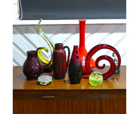 A 20thC Murano-style glass spiral Sculpture, coloured with red and black, together with another Murano style sculpture, three