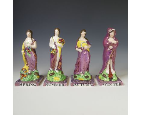 A matched group of four Dixon, Austin and Co prattware Figures, early 19thC, modelling the four seasons, each modelled in typ