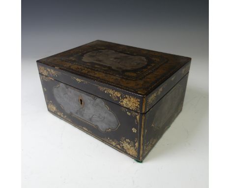 A 19thC Chinese export black lacquered Tea Caddy,&nbsp;with gilt dragon and foliate decoration, the four sides and hinged lid