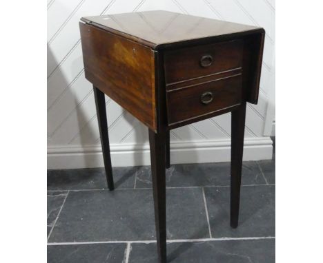 A Georgian mahogany inlaid deception Pembroke style drop-leaf work Table/pot Cupboard, with two dummy drawers upon tapering l