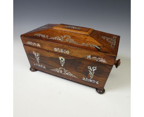 A Victorian mother of pearl inlaid rosewood Tea Caddy, with two hinged lidded compartments and etched mixing bowl, W 35 cm x 