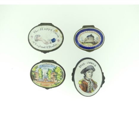 A late 18thC Staffordshire enamel Box, probably Bilston, titled 'A Happy Union of England and Prussia', together with another