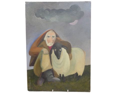 Kenneth "Ken" Evans (British, 1924-1987), "Man holding nest with Rook in it", gum arabic, stand oil and egg on panel, signed 