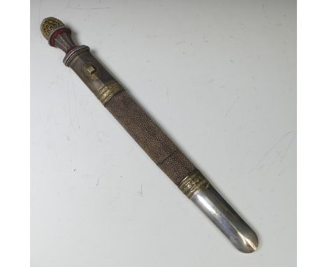 A late 19thC Tibetan / Bhutanese Short Sword, the single edged steel blade with silver wirework grip and silver gilt pommel, 