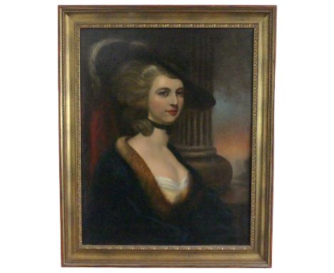 Late 18th century School, Portrait of a Lady (affectionately known to the vendor's family as 'bosoms'), half length before a 