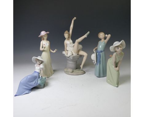 A large Zaphir porcelain Figure of a Dancer, perched on a column, together with two Lladro Figures and two Nao figures, some 