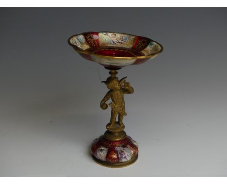 A 19thC French enamel and gilt bronze figural Dish, the detachable bowl with painted panels of classical scenes interspersed 