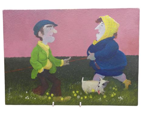 Kenneth "Ken" Evans (British, 1924-1987), "Man and Woman with Yellow Scarf and Dog", gum arabic, stand oil and egg on panel, 