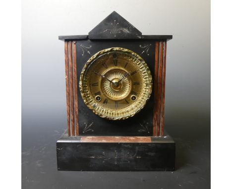 A Victorian slate and marble mantle clock, with small decorative engravings, W 23.5 cm x H 31 cm x D 12.5 cm. 