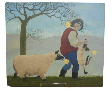 Kenneth "Ken" Evans (British, 1924-1987), "Man, Sheep and Daffodils", gum arabic, stand oil and egg on panel, signed and date