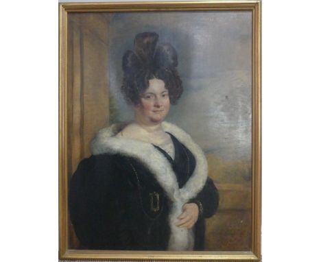 John Linnell (British, 1792-1882) Portrait of Miss Elizabeth Fowke, wearing a black fur lined wrap, oil on canvas, titled top