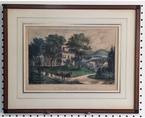 Currier &amp; Ives, A New England Home, hand coloured lithograph,20cm x 31.4cm, together with three other small framed antiqu