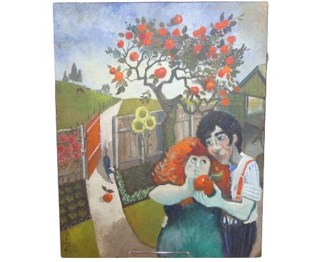 Kenneth "Ken" Evans (British, 1924-1987), "Couple under Apple Tree", oil, egg and wax on panel, signed and dated 27.IV (1983)