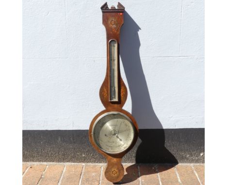 A George III mahogany wheel Barometer and Thermometer, with shell and florette inlays, signed J. Minolla Plymouth Dock, 95cm 