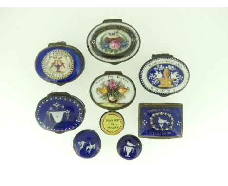 A small quantity of 18thC and 19thC Staffordshire enamel Boxes, to comprise 'A Friends Gift', 'Remember the Giver', 'Remember