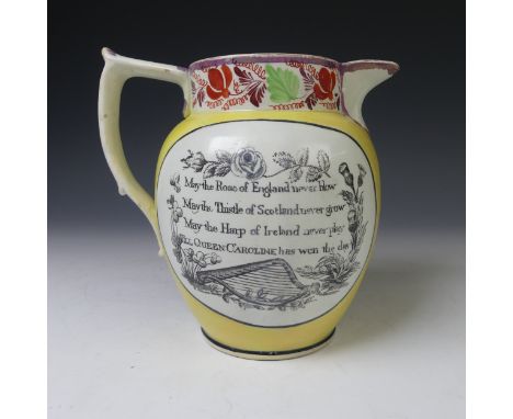 A 19thC Staffordshire pearlware Jug, commemorating Queen Caroline, c.1820, with print of Queen Caroline, titled 'Long Live Qu