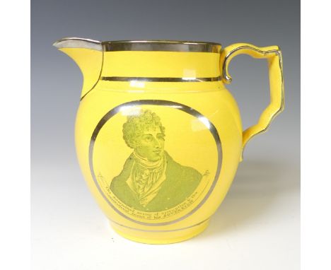 A 19thC Staffordshire lustre commemorative Jug, for Sir Francis Burdett, the canary yellow jug with printed portrait and vers