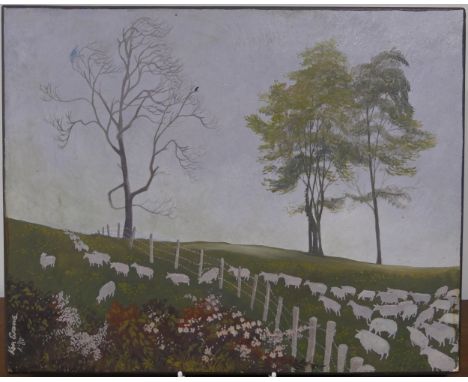 Kenneth "Ken" Evans (British, 1924-1987), "Broken Fence - dead Elm and Sheep", gum arabic, stand oil and egg on panel, signed