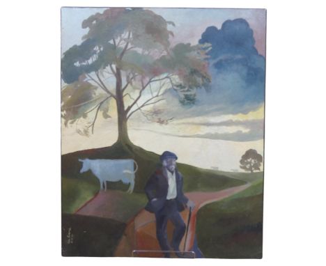 Kenneth "Ken" Evans (British, 1924-1987), "Farmer and his cows", gum arabic with stand oil and egg on panel, signed 'Ken Evan