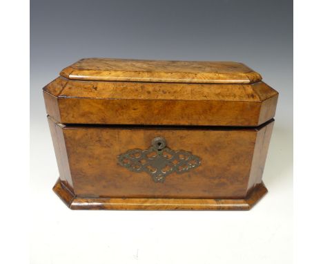 A Victorian burr walnut canted rectangular Tea Caddy, inside revealing two lidded compartments and cut glass mixing bowl, rai