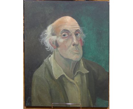 Kenneth "Ken" Evans (British, 1924-1987), "Self Portrait (with glasses on)", gum arabic, stand oil and egg on panel, signed a