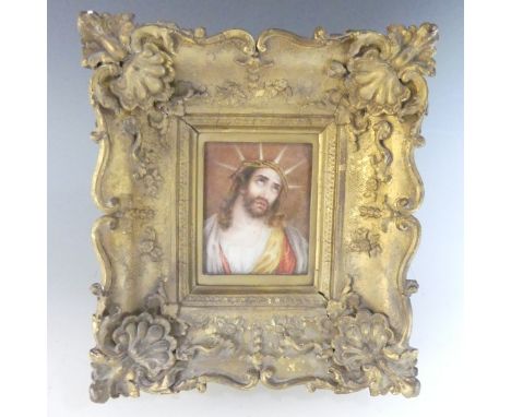 19thC School, of Christ, oil on board miniature Portrait of Christ, with crown of thorns, framed, 10.25 cm x 8 cm. 