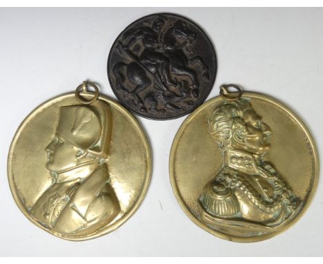 A circular&nbsp;cast metal plaque of George and the Dragon,&nbsp;D 13.5 cm, together&nbsp;with 19th century brass hanging cir